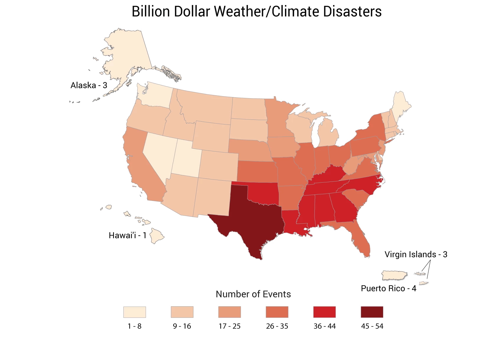 Las Vegas is located in one of the least-affected regions for billion-dollar climate disasters, as shown in this map.